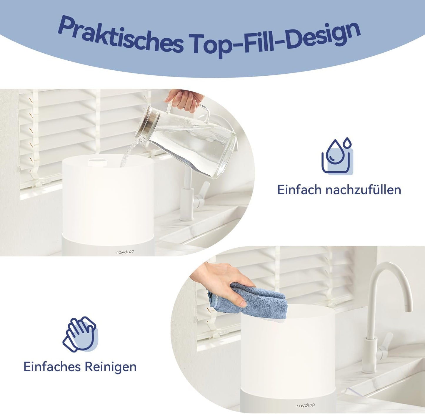 Raydrop Luftbefeuchter Schlafzimmer 3L, Ultraschall Cool Mist,LED-Licht, Timer