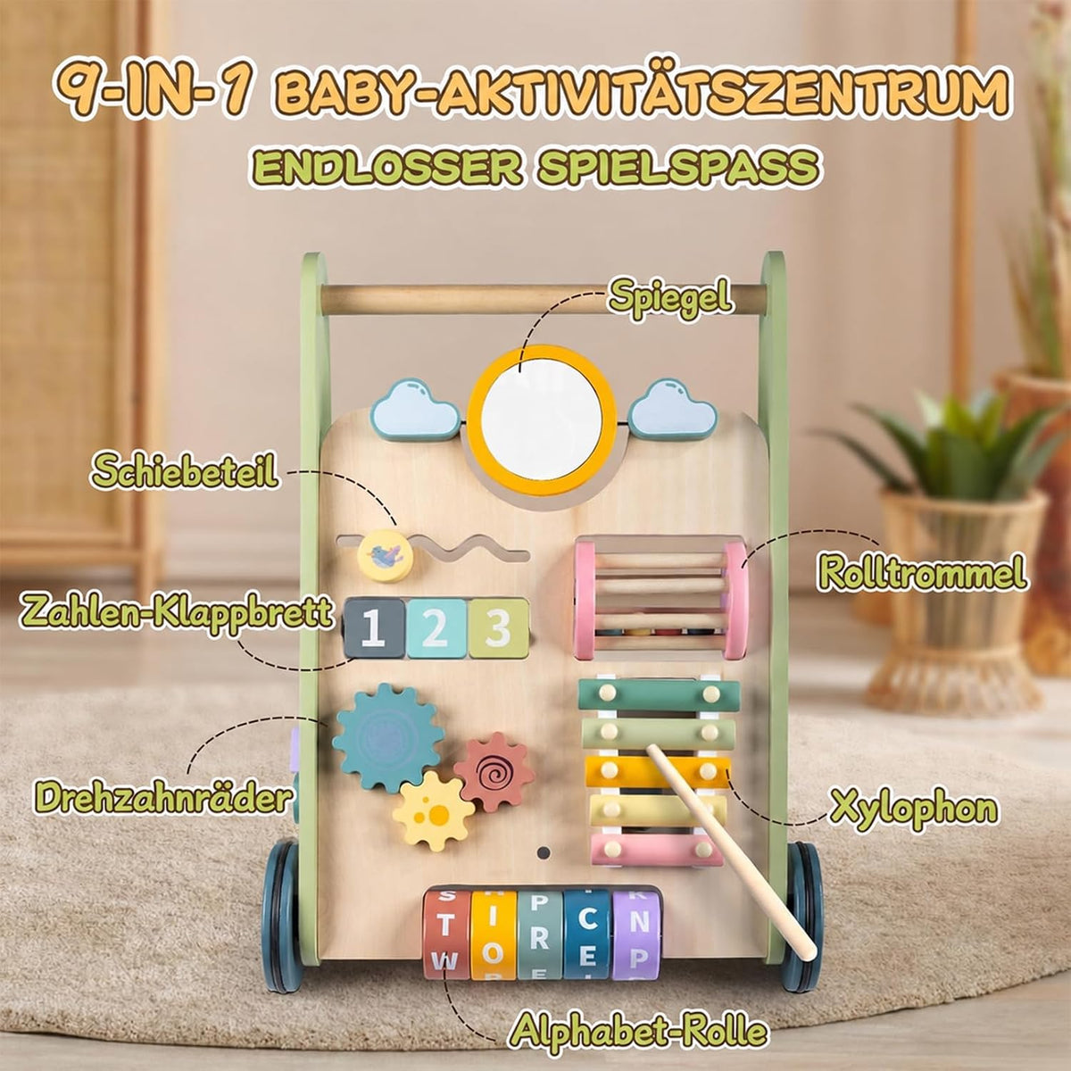 Rainbow Lauflernwagen aus Holz mit Spiel, Lauflernhilfe für Baby ab 1