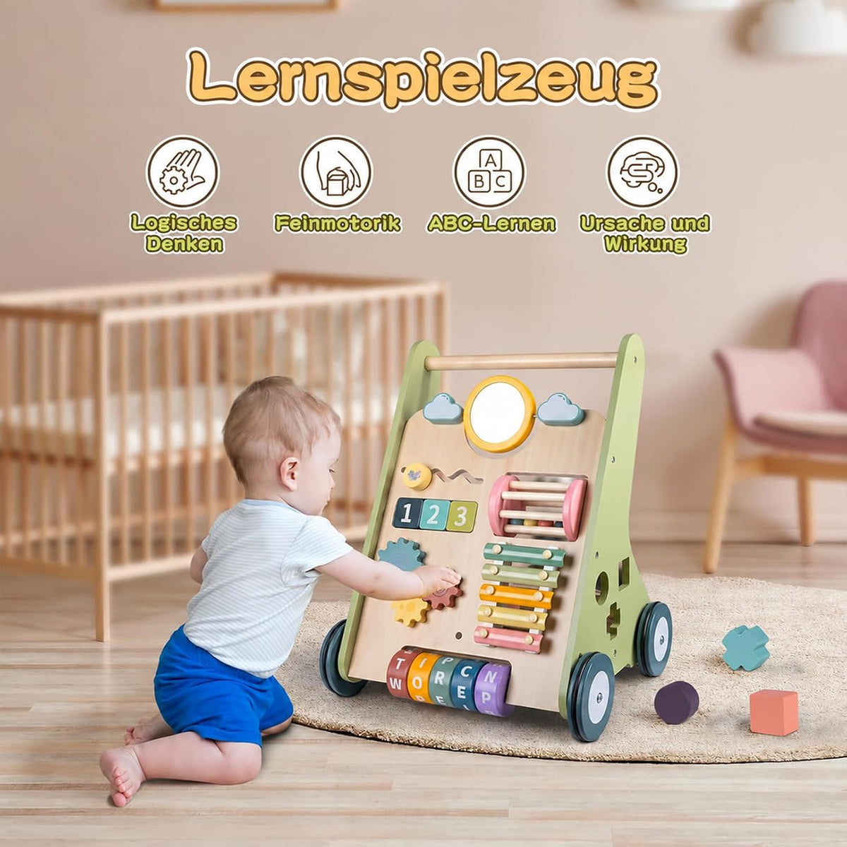 Rainbow Lauflernwagen aus Holz mit Spiel, Lauflernhilfe für Baby ab 1