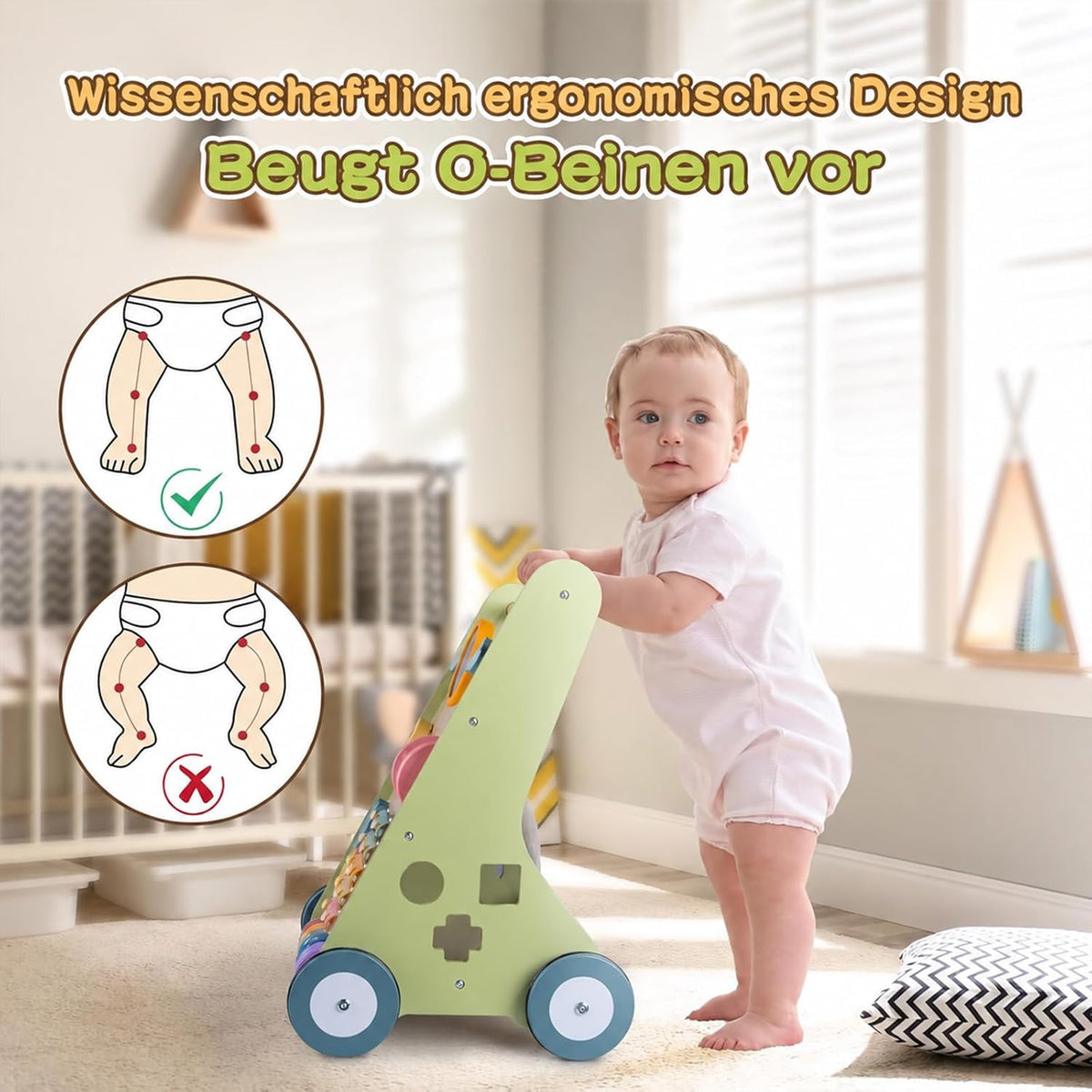 Rainbow Lauflernwagen aus Holz mit Spiel, Lauflernhilfe für Baby ab 1