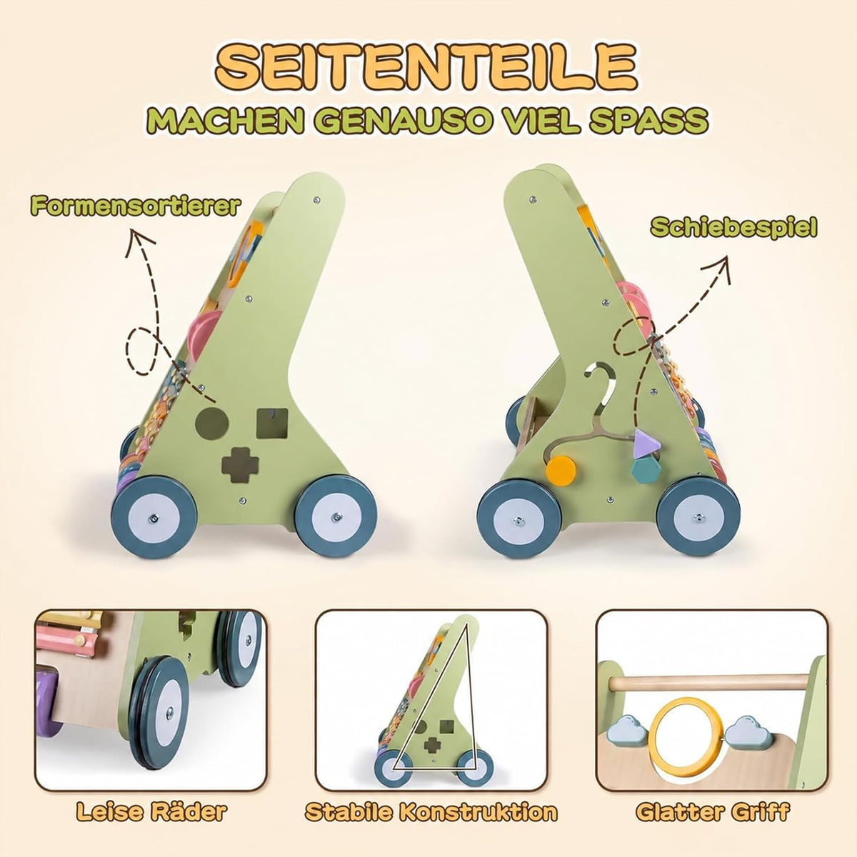 Rainbow Lauflernwagen aus Holz mit Spiel, Lauflernhilfe für Baby ab 1