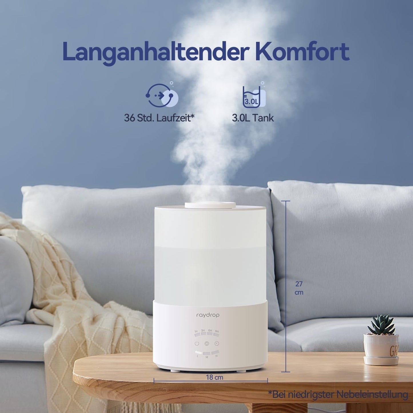 Raydrop Luftbefeuchter Schlafzimmer 3L, Ultraschall Cool Mist,LED-Licht, Timer