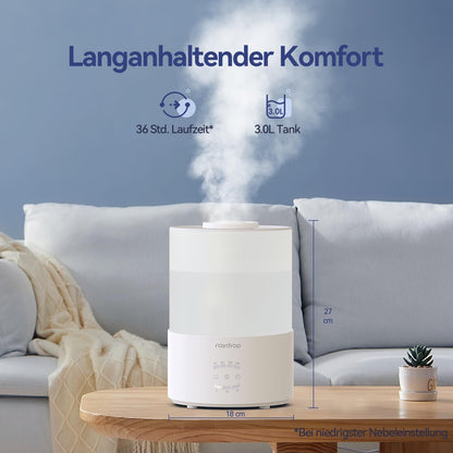Raydrop Luftbefeuchter Schlafzimmer 3L, Ultraschall Cool Mist,LED-Licht, Timer