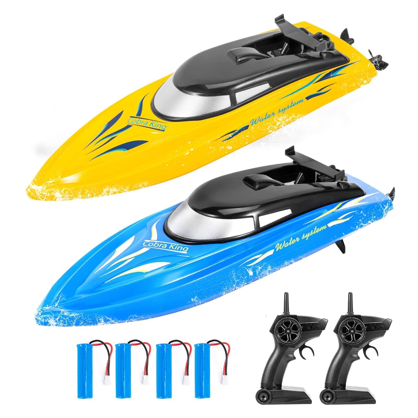 2er-Pack RC-Boote, ferngesteuerte Boote für Pools und Seen für Kinder und Erwachsene, 2,4-GHz mit 4 wiederaufladbaren Batterien, Blau/Gelb