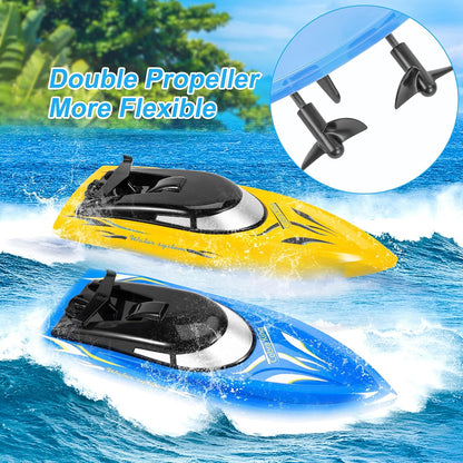 2er-Pack RC-Boote, ferngesteuerte Boote für Pools und Seen für Kinder und Erwachsene, 2,4-GHz mit 4 wiederaufladbaren Batterien, Blau/Gelb