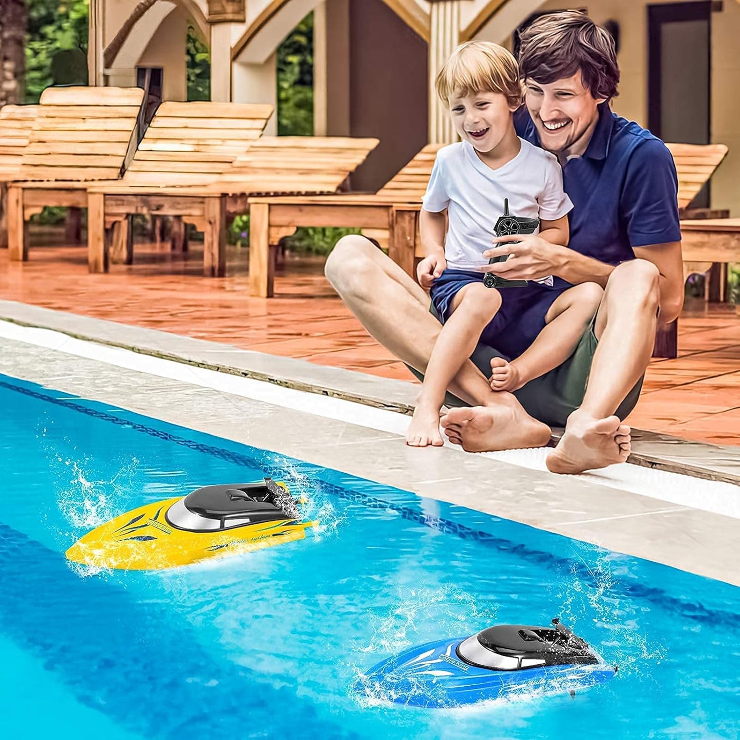 2er-Pack RC-Boote, ferngesteuerte Boote für Pools und Seen für Kinder und Erwachsene, 2,4-GHz mit 4 wiederaufladbaren Batterien, Blau/Gelb