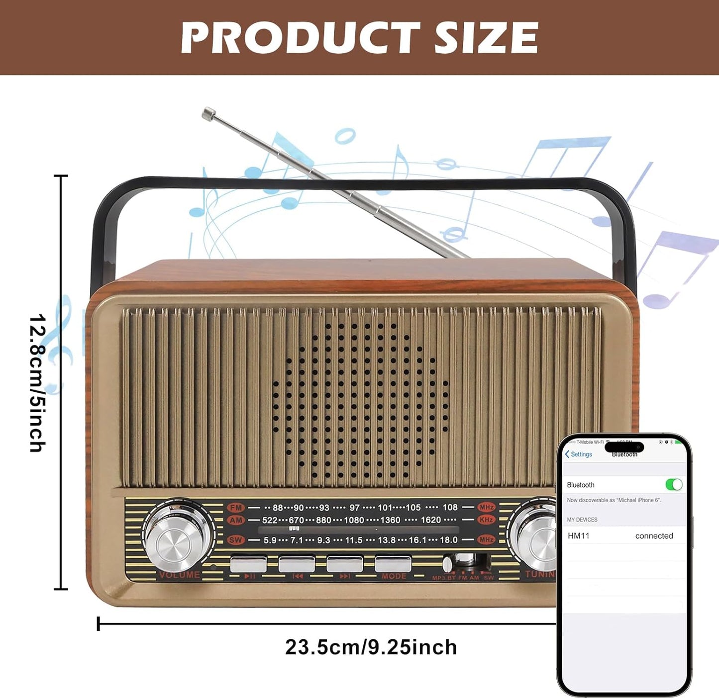 Retro Radio mit Bluetooth, Nostalgie Kofferradio Klein mit AM/FM/SW3, USB/TF/AUX