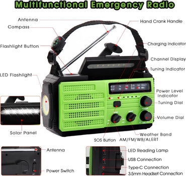 Notfallradio Solar Kurbel Tragbares Radio,8000mAh mit LED Taschenlampe & Leselicht, Grün