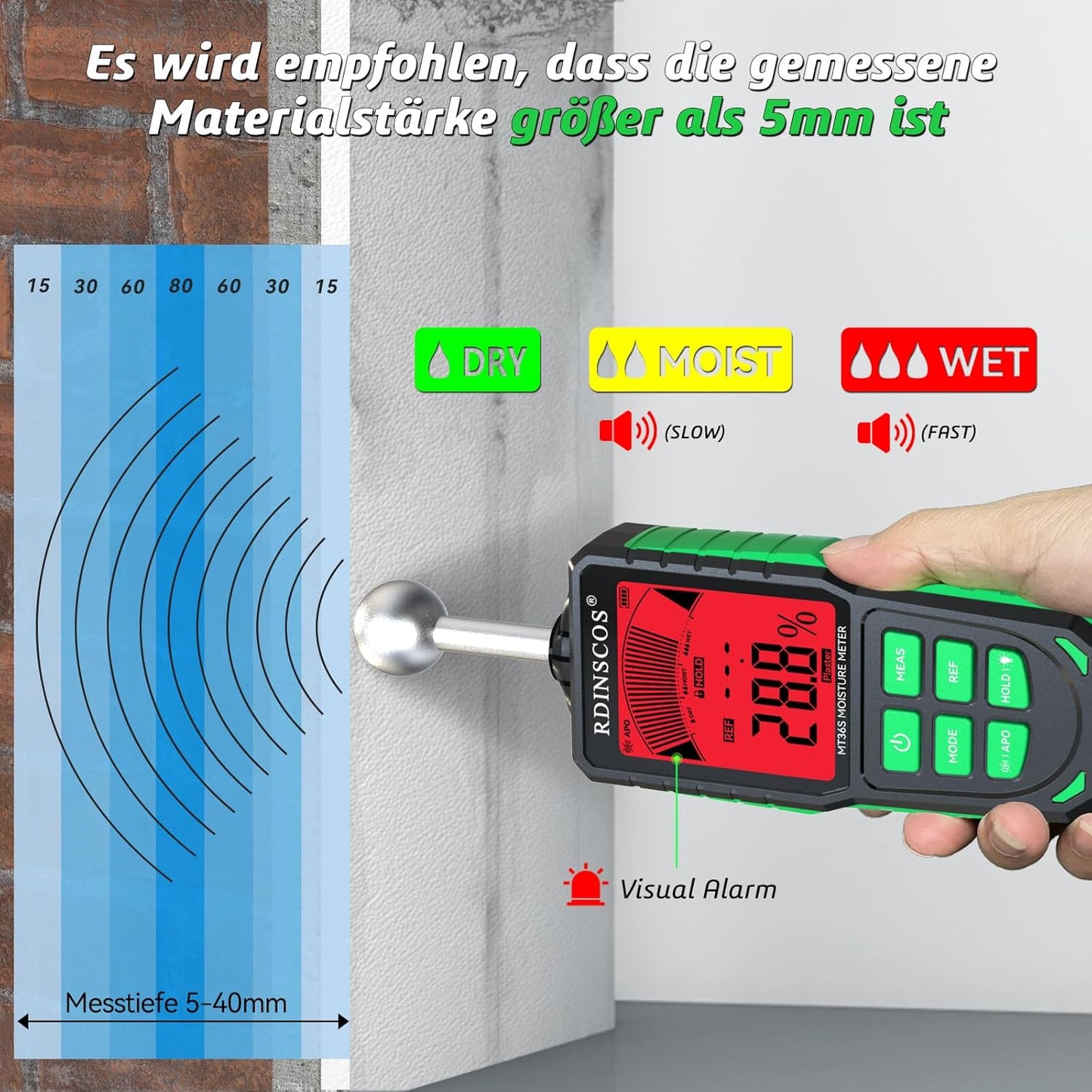 RDINSCOS MT36S Feuchtigkeitsmessgerät Wand Wiederaufladbarer Feuchtigkeitsmesser