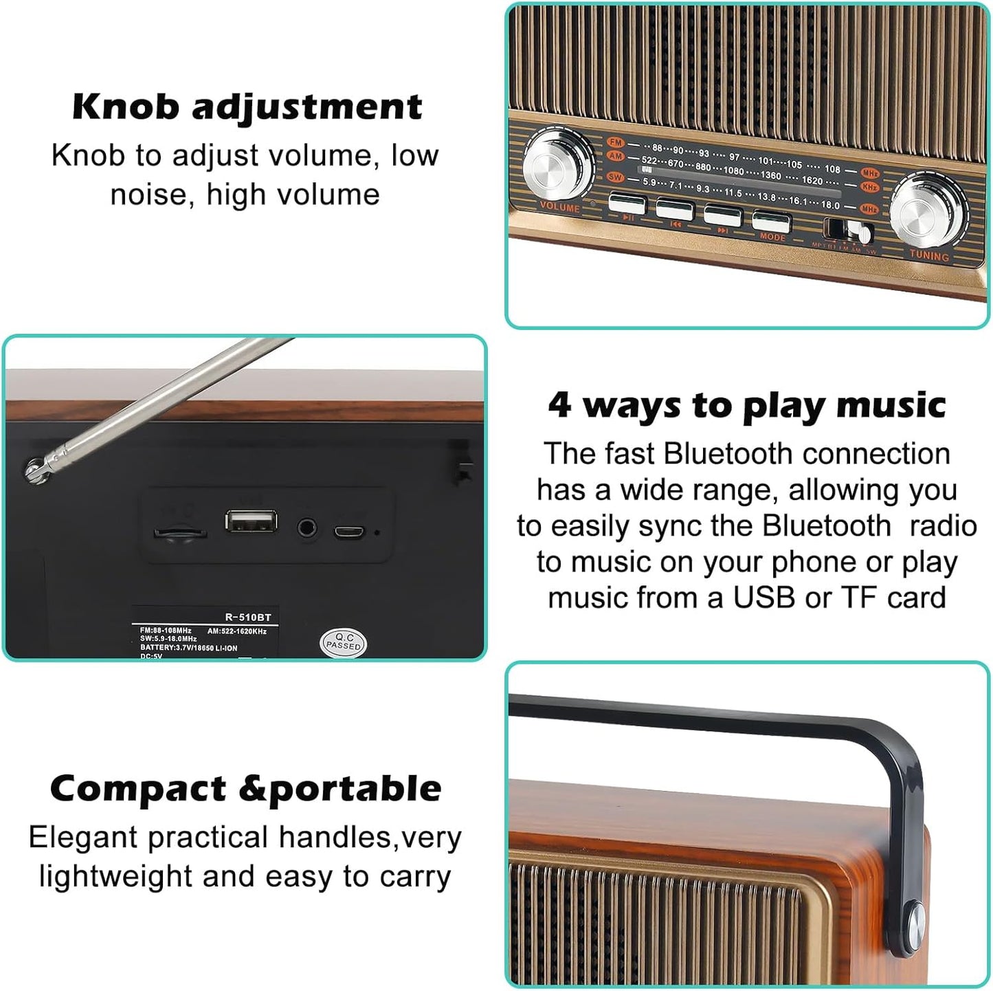 Retro Radio mit Bluetooth, Nostalgie Kofferradio Klein mit AM/FM/SW3, USB/TF/AUX