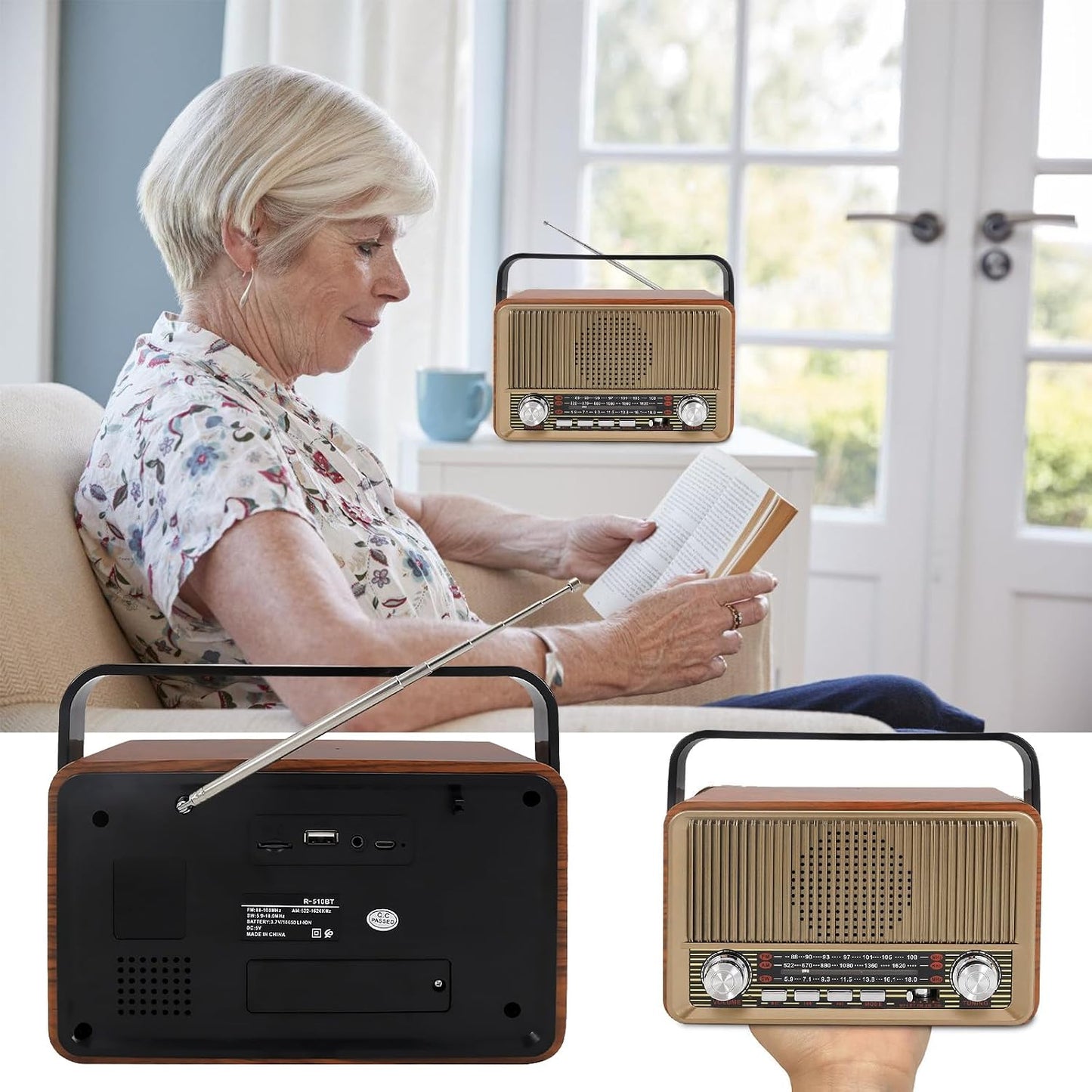 Retro Radio mit Bluetooth, Nostalgie Kofferradio Klein mit AM/FM/SW3, USB/TF/AUX
