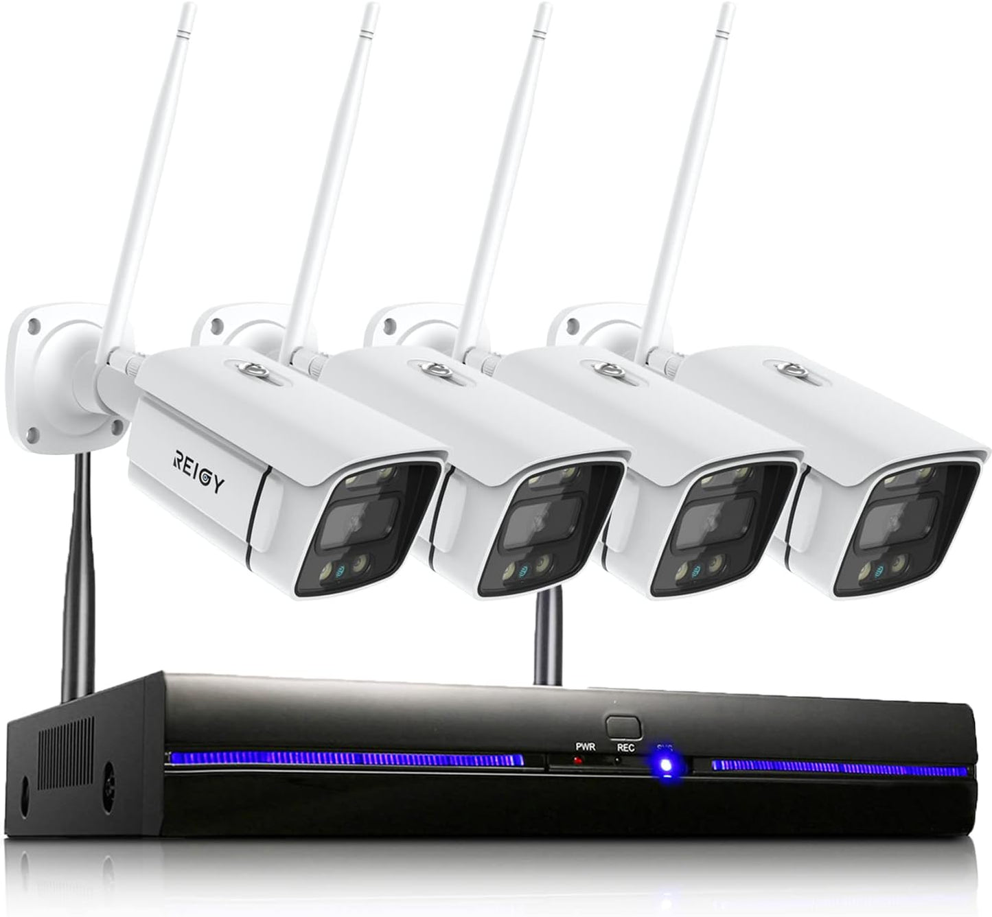 REIGY 3MP WLAN Überwachungskamera Set Aussen mit Flutlicht, 10CH Funk NVR 4x1296P Kamera Drahtlos