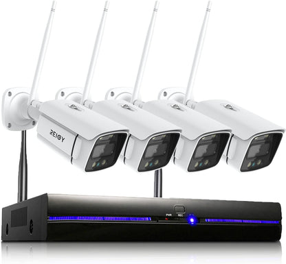REIGY 3MP WLAN Überwachungskamera Set Aussen mit Flutlicht, 10CH Funk NVR 4x1296P Kamera Drahtlos