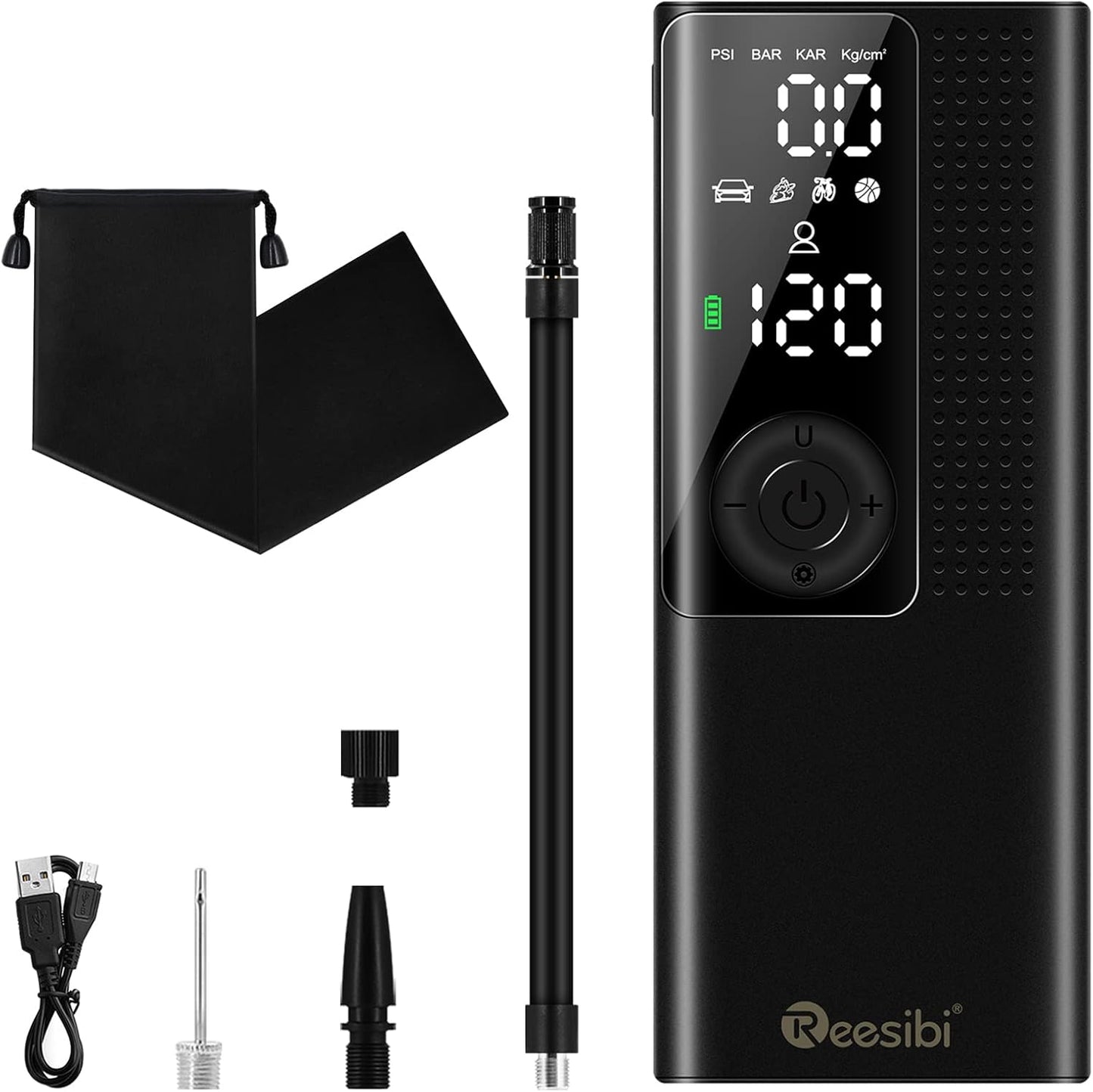 Reesibi Compresseur d'air intelligent, Tragbarer Reifenfüller 120 PSI avec manomètre, lumière LED numérique, affichage intelligent pour Auto/Fahrräder/Motorrad/Bälle