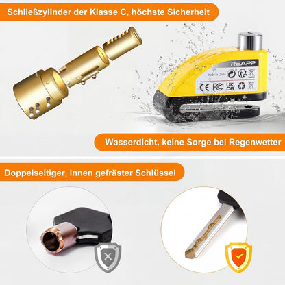 REAPP Bremsscheibenschloss mit 110-dB-Alarm, Hochsicheres Motorradschloss Wetterfest