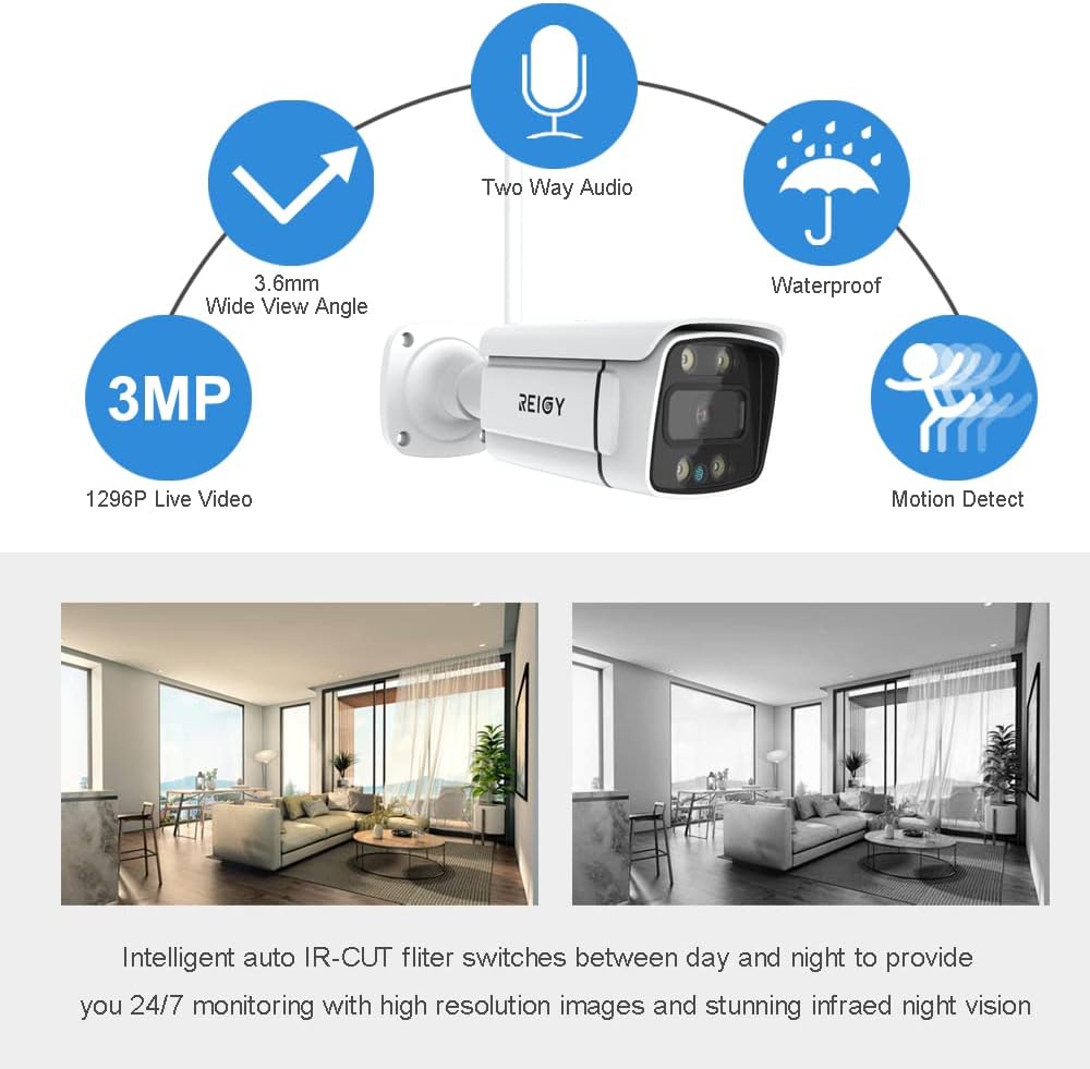 REIGY 3MP WLAN Überwachungskamera Set Aussen mit Flutlicht, 10CH Funk NVR 4x1296P Kamera Drahtlos