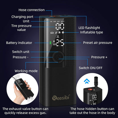 Reesibi Compresseur d'air intelligent, Tragbarer Reifenfüller 120 PSI avec manomètre, lumière LED numérique, affichage intelligent pour Auto/Fahrräder/Motorrad/Bälle