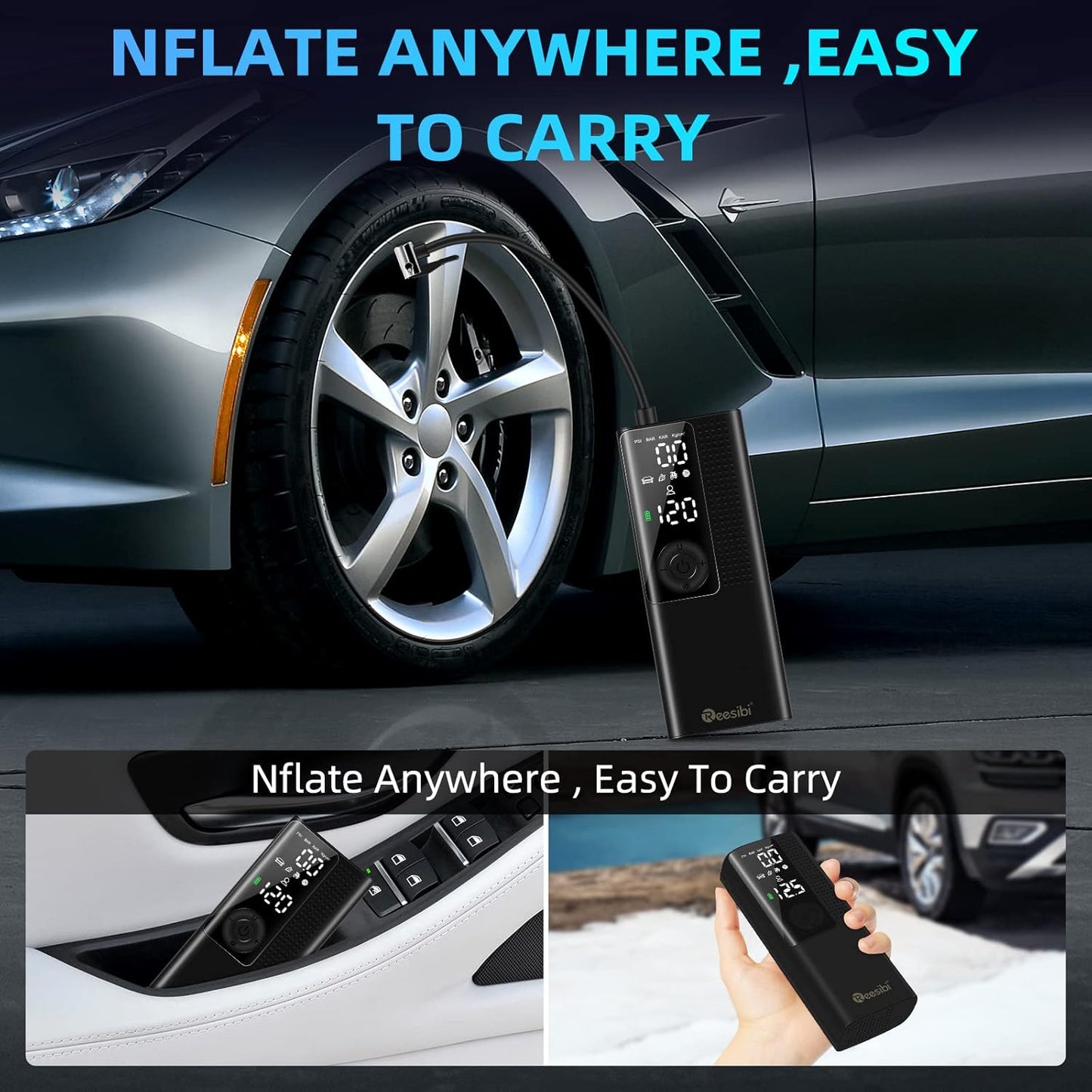 Reesibi Compresseur d'air intelligent, Tragbarer Reifenfüller 120 PSI avec manomètre, lumière LED numérique, affichage intelligent pour Auto/Fahrräder/Motorrad/Bälle