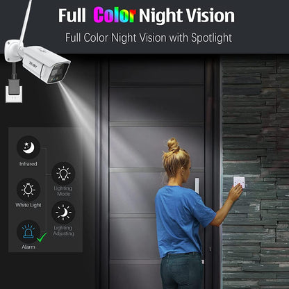 REIGY 3MP WLAN Überwachungskamera Set Aussen mit Flutlicht, 10CH Funk NVR 4x1296P Kamera Drahtlos