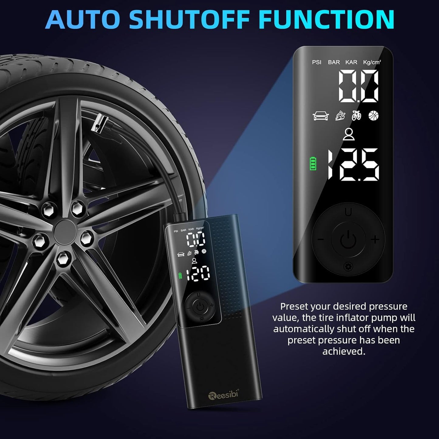 Reesibi Compresseur d'air intelligent, Tragbarer Reifenfüller 120 PSI avec manomètre, lumière LED numérique, affichage intelligent pour Auto/Fahrräder/Motorrad/Bälle