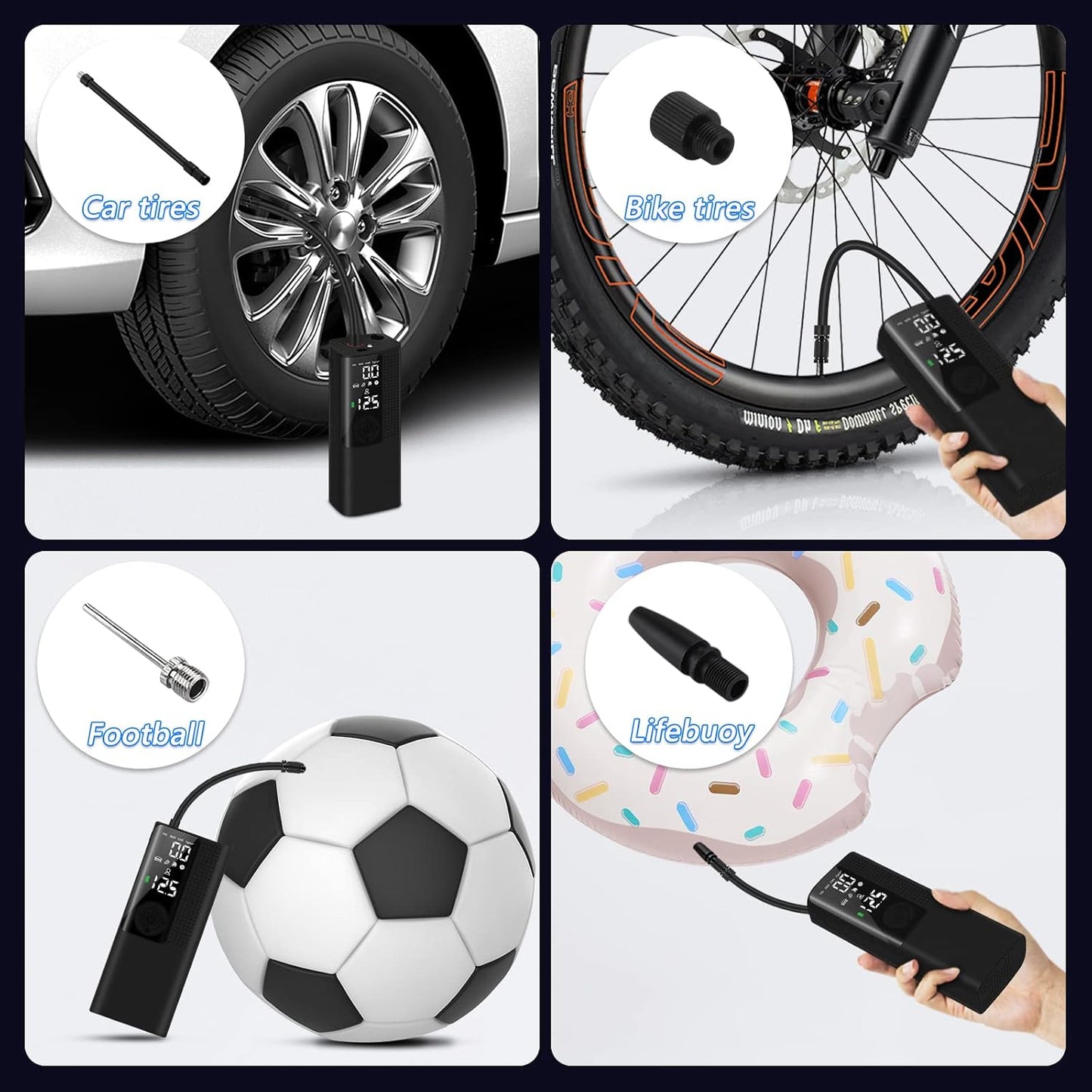 Reesibi Compresseur d'air intelligent, Tragbarer Reifenfüller 120 PSI avec manomètre, lumière LED numérique, affichage intelligent pour Auto/Fahrräder/Motorrad/Bälle