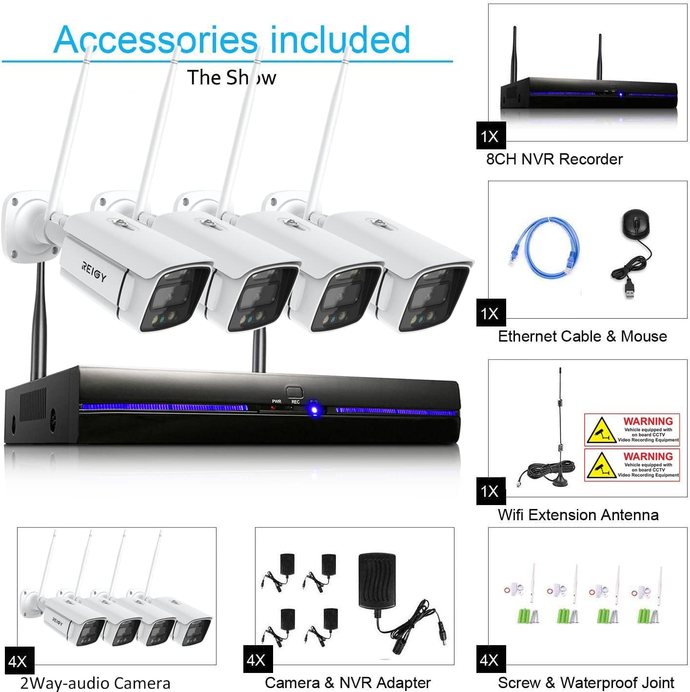 REIGY 3MP WLAN Überwachungskamera Set Aussen mit Flutlicht, 10CH Funk NVR 4x1296P Kamera Drahtlos