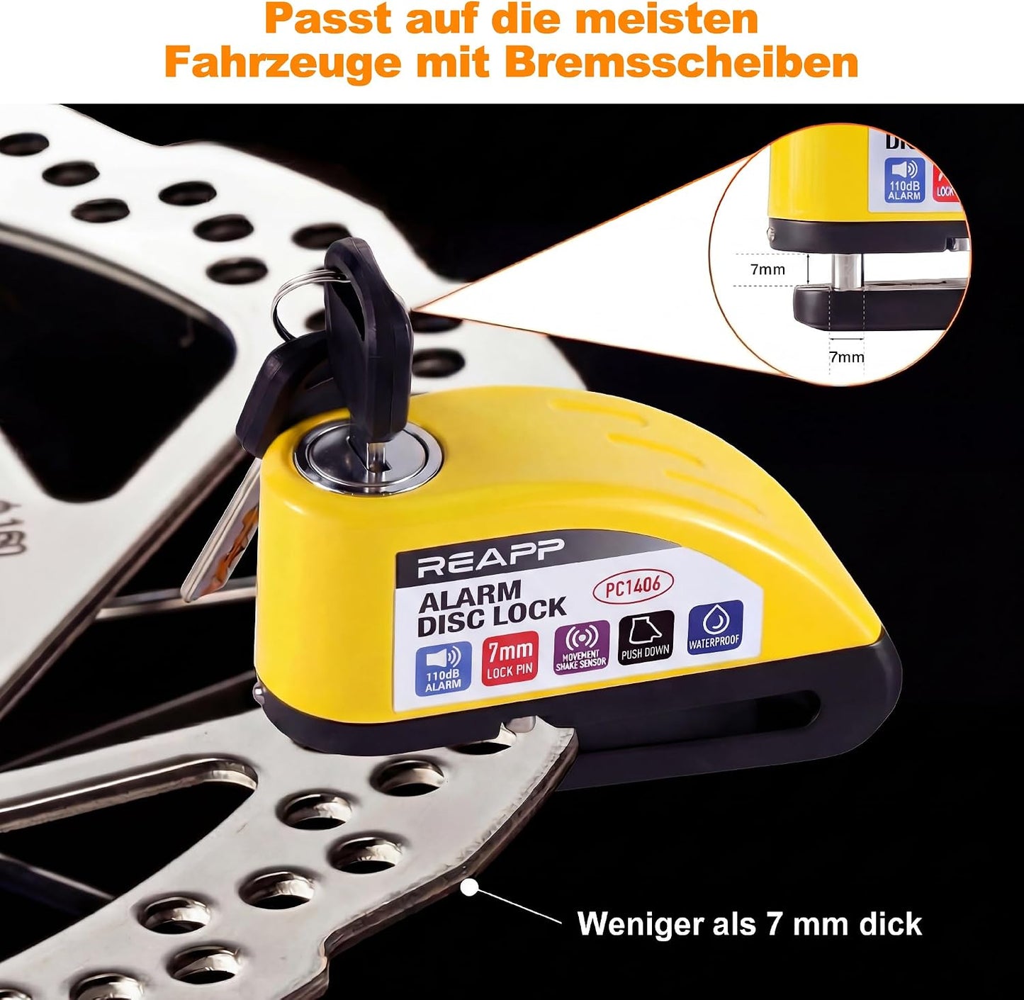REAPP Bremsscheibenschloss mit 110-dB-Alarm, Hochsicheres Motorradschloss Wetterfest