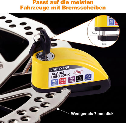 REAPP Bremsscheibenschloss mit 110-dB-Alarm, Hochsicheres Motorradschloss Wetterfest