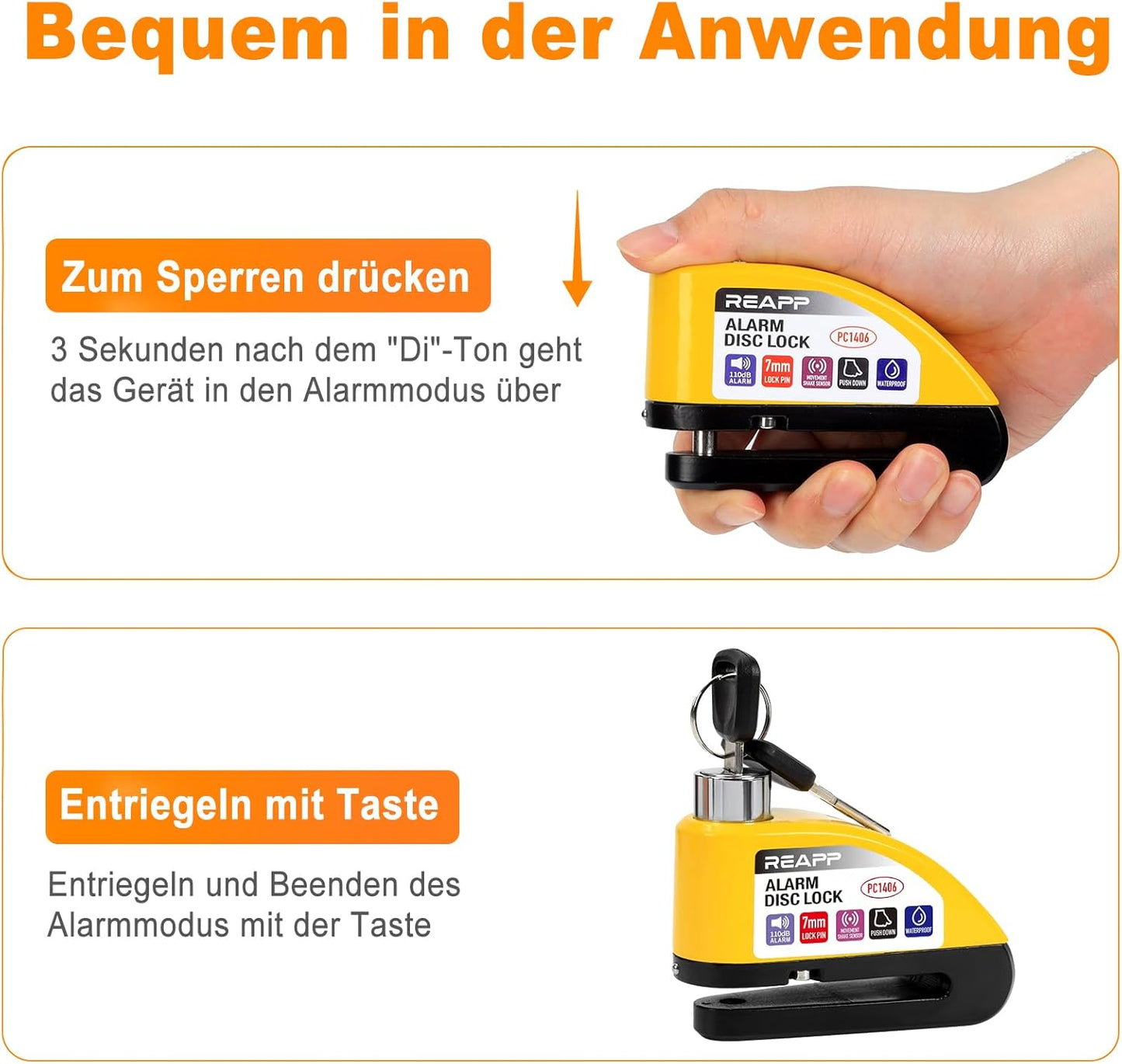 REAPP Bremsscheibenschloss mit 110-dB-Alarm, Hochsicheres Motorradschloss Wetterfest