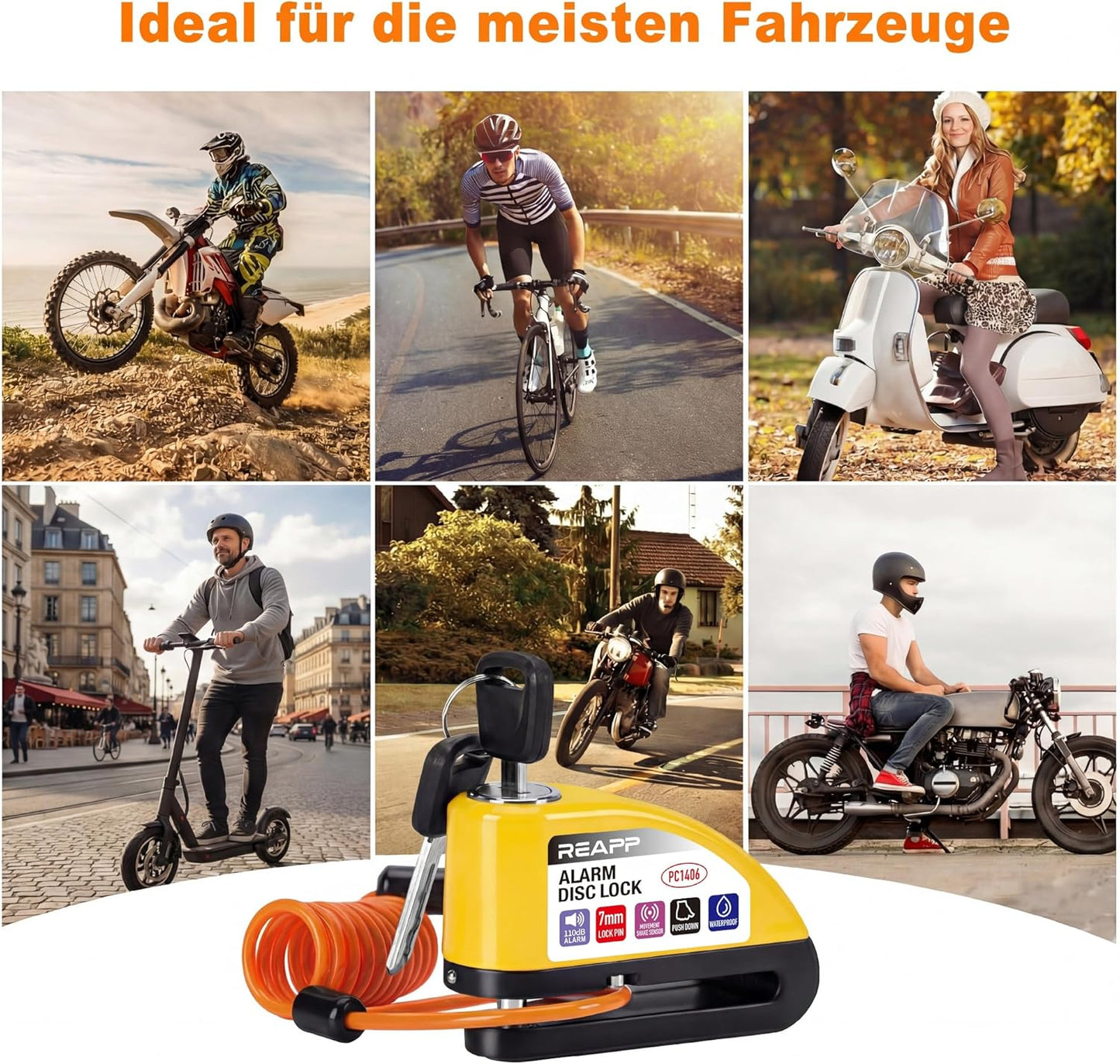REAPP Bremsscheibenschloss mit 110-dB-Alarm, Hochsicheres Motorradschloss Wetterfest