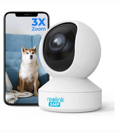 Reolink 5MP PTZ Überwachungskamera WLAN Kamera Innen, 355°/50° Schwenkbare WiFi IP Kamera Indoor mit 3X Optischem Zoom, 2,4/5 GHz WiFi, Mensch/Haustiererkennung, 2-Wege-Audio, E1 Zoom