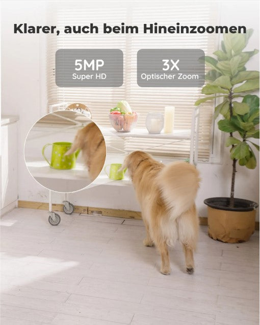 Reolink 5MP PTZ Überwachungskamera WLAN Kamera Innen, 355°/50° Schwenkbare WiFi IP Kamera Indoor mit 3X Optischem Zoom, 2,4/5 GHz WiFi, Mensch/Haustiererkennung, 2-Wege-Audio, E1 Zoom