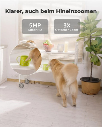 Reolink 5MP PTZ Überwachungskamera WLAN Kamera Innen, 355°/50° Schwenkbare WiFi IP Kamera Indoor mit 3X Optischem Zoom, 2,4/5 GHz WiFi, Mensch/Haustiererkennung, 2-Wege-Audio, E1 Zoom