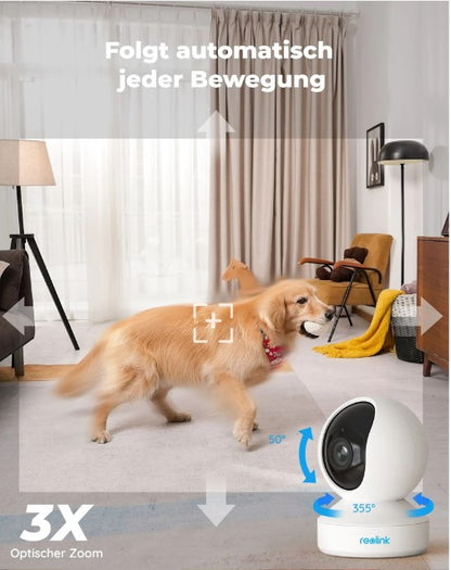 Reolink 5MP PTZ Überwachungskamera WLAN Kamera Innen, 355°/50° Schwenkbare WiFi IP Kamera Indoor mit 3X Optischem Zoom, 2,4/5 GHz WiFi, Mensch/Haustiererkennung, 2-Wege-Audio, E1 Zoom