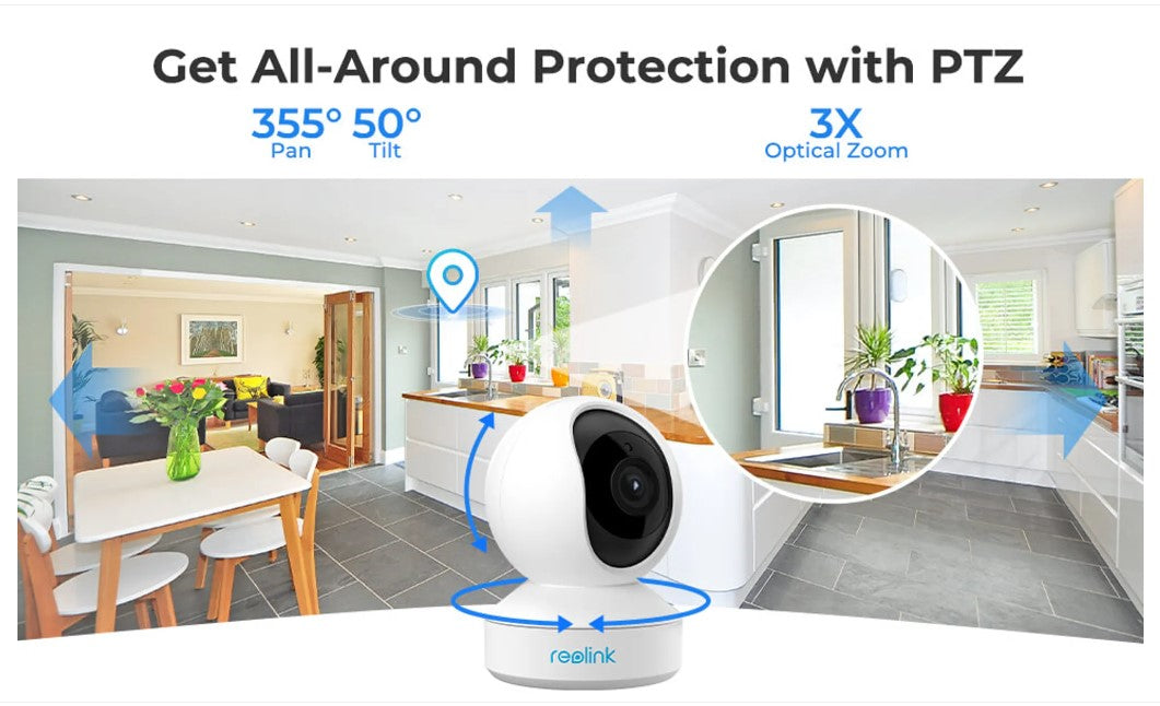 Reolink 5MP PTZ Überwachungskamera WLAN Kamera Innen, 355°/50° Schwenkbare WiFi IP Kamera Indoor mit 3X Optischem Zoom, 2,4/5 GHz WiFi, Mensch/Haustiererkennung, 2-Wege-Audio, E1 Zoom