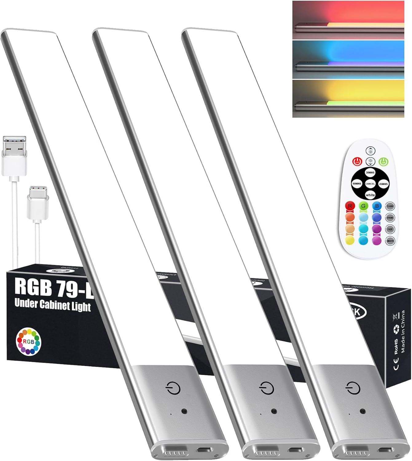 (3 pack) 79 LED Unterschrank Küchenleuchten RGB, Wiederaufladbar,kabellose, 15 Farben,Fernbedienung