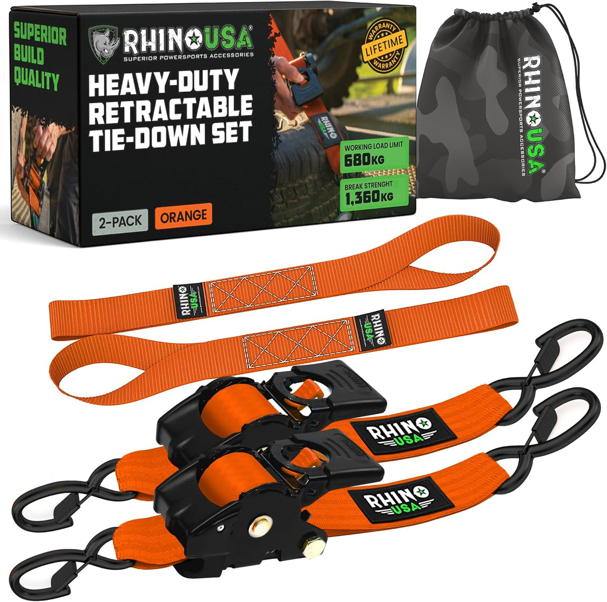 Rhino USA Automatik Spanngurte (2er-Set) 5cm x 3m - Selbstaufrollend 1.360kg