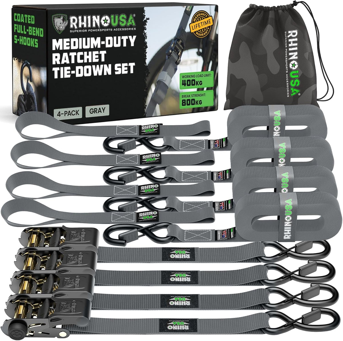 Rhino USA Spanngurte mit Ratsche (4er-Set) 2,5cm x 4,6m - 800kg Zurrgurte 800kg