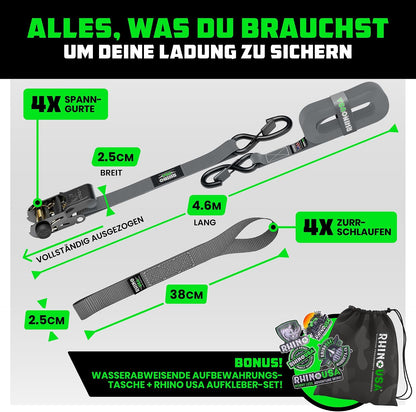 Rhino USA Spanngurte mit Ratsche (4er-Set) 2,5cm x 4,6m - 800kg Zurrgurte 800kg