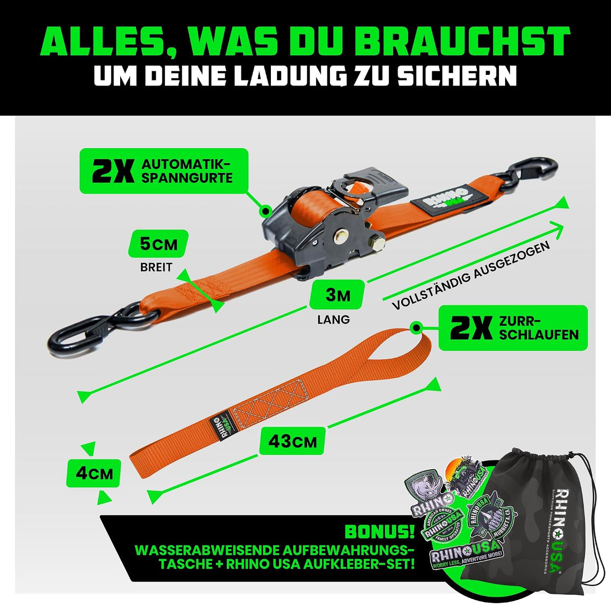 Rhino USA Automatik Spanngurte (2er-Set) 5cm x 3m - Selbstaufrollend 1.360kg