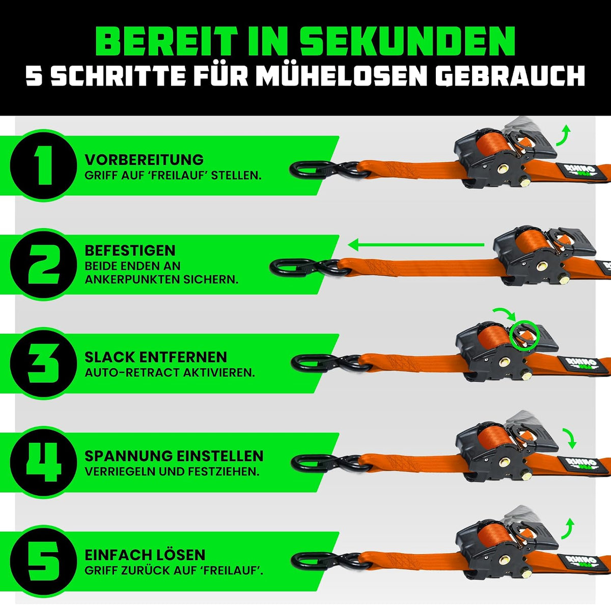 Rhino USA Automatik Spanngurte (2er-Set) 5cm x 3m - Selbstaufrollend 1.360kg