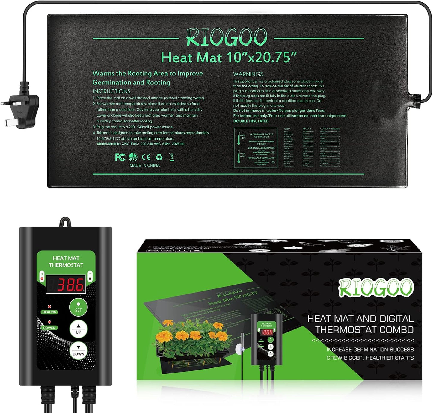 RIOGOO Sämling Heizmatte und Thermostat Set, Wasserdichtes Gewächshaus Heizkissen 25,4 x 52,7 cm