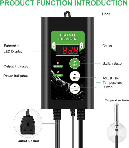 RIOGOO Sämling Heizmatte und Thermostat Set, Wasserdichtes Gewächshaus Heizkissen 25,4 x 52,7 cm