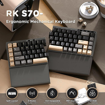 RK ROYAL KLUDGE RK S70 Tri-Mode Split Mechanische Tastatur,Creme-Schalter, Schwarz