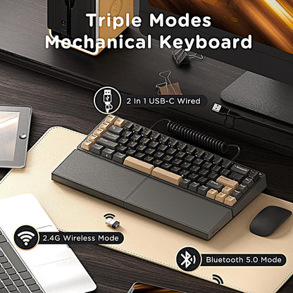 RK ROYAL KLUDGE RK S70 Tri-Mode Split Mechanische Tastatur,Creme-Schalter, Schwarz