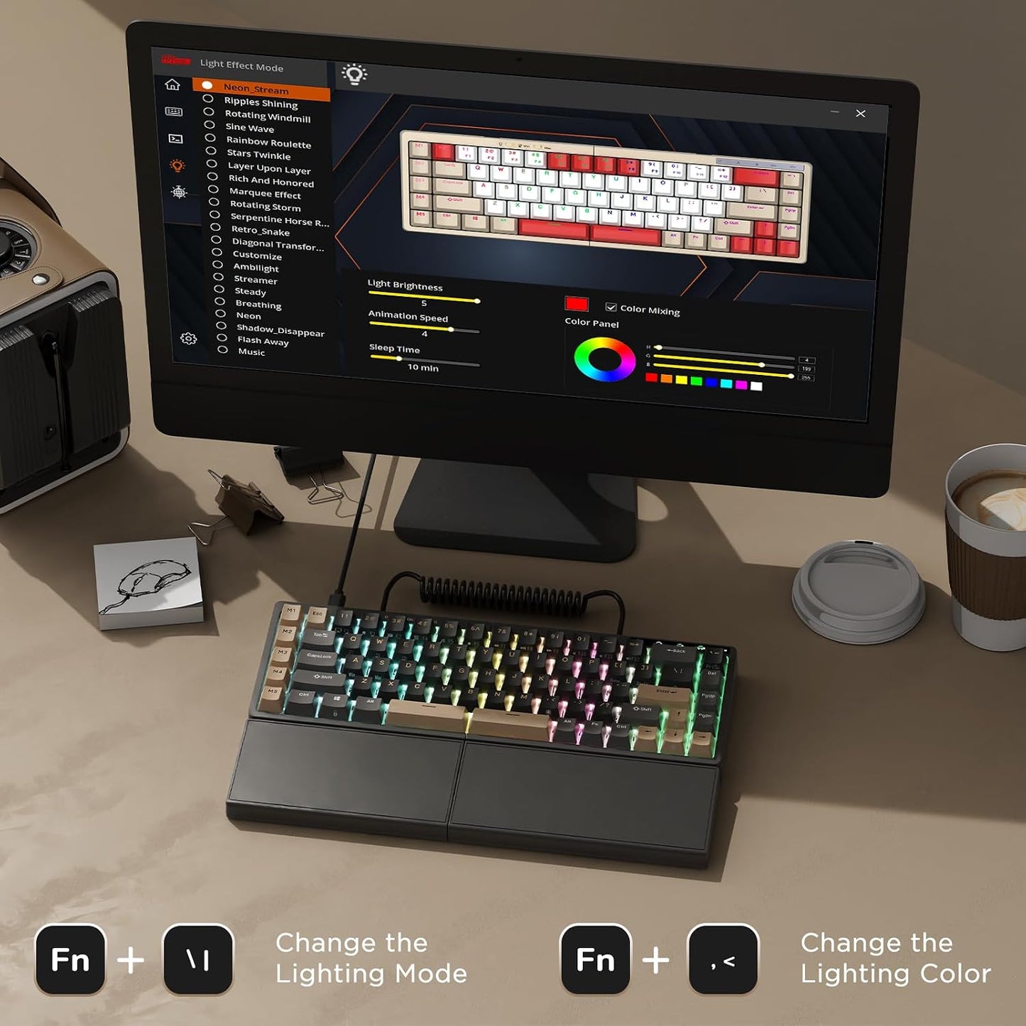 RK ROYAL KLUDGE RK S70 Tri-Mode Split Mechanische Tastatur,Creme-Schalter, Schwarz