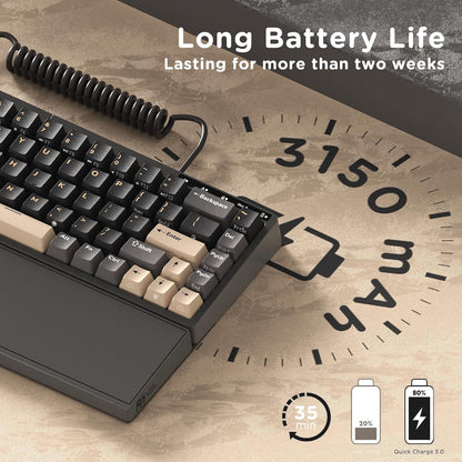 RK ROYAL KLUDGE RK S70 Tri-Mode Split Mechanische Tastatur,Creme-Schalter, Schwarz