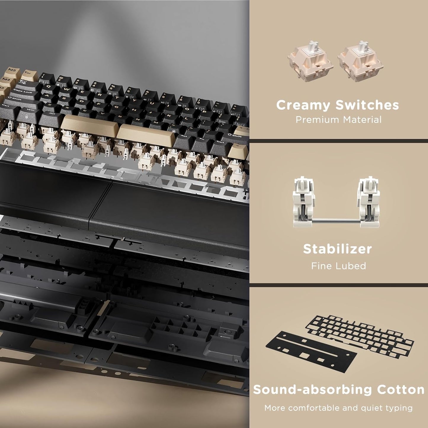 RK ROYAL KLUDGE RK S70 Tri-Mode Split Mechanische Tastatur,Creme-Schalter, Schwarz