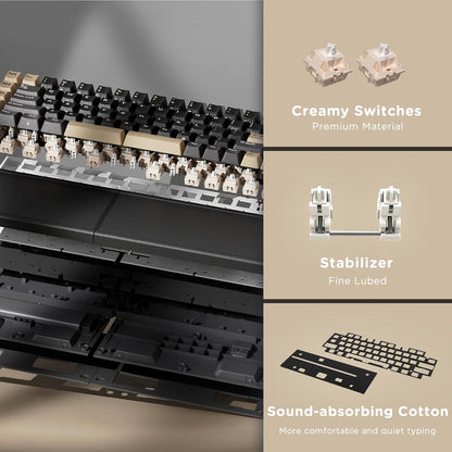 RK ROYAL KLUDGE RK S70 Tri-Mode Split Mechanische Tastatur,Creme-Schalter, Schwarz