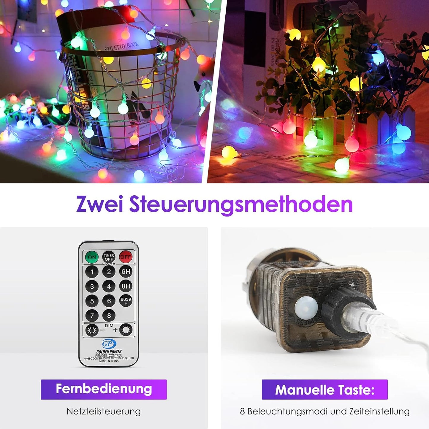 Realky 200LED Lichterkette Strombetrieben,27M Lichterkette Kugel RGB mit Stecker Dimmbar